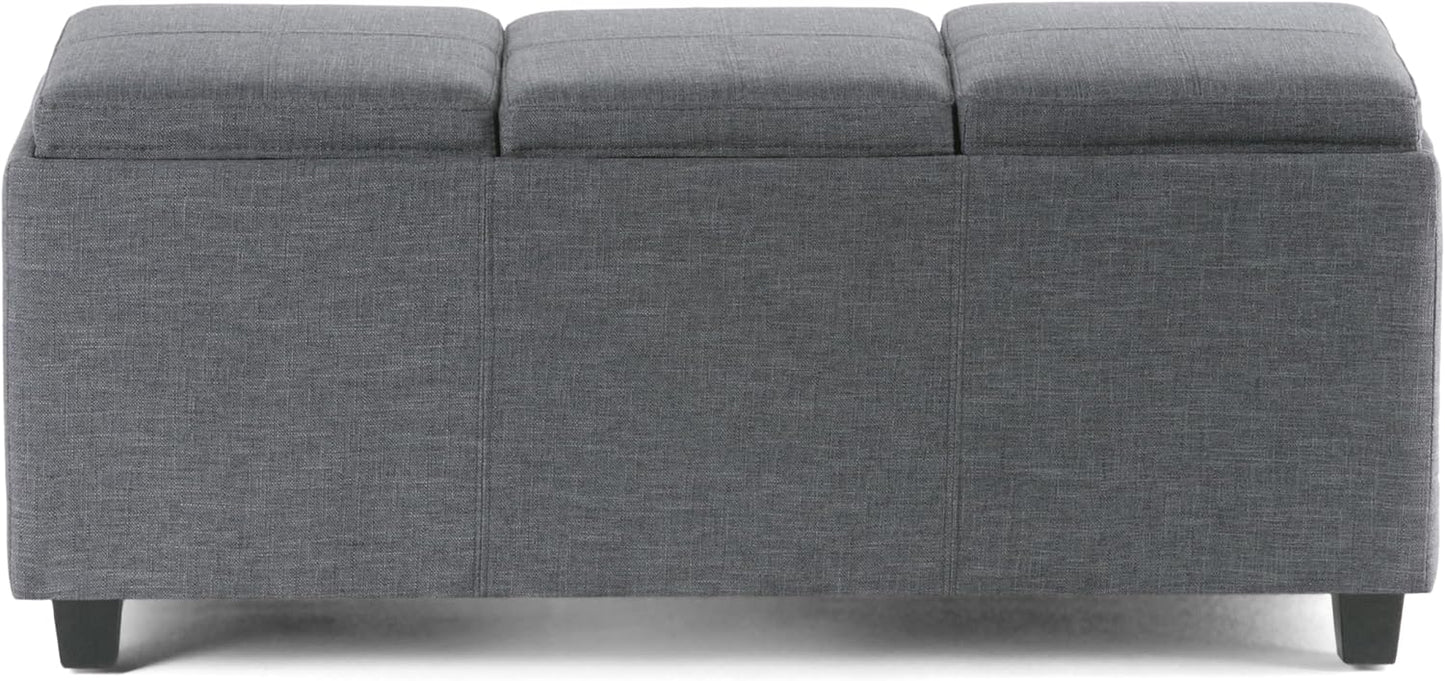 SIMPLIHOME Avalon 42 Inch Wide Contemporary Rectangle Storage Ottoman in Slate Grey Linen Look
