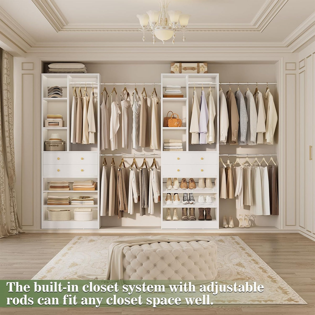 Closet System, Up to 134"/11.2 FT Closet Organizer with 4 Wooden Drawers and Shelves, Walk-in