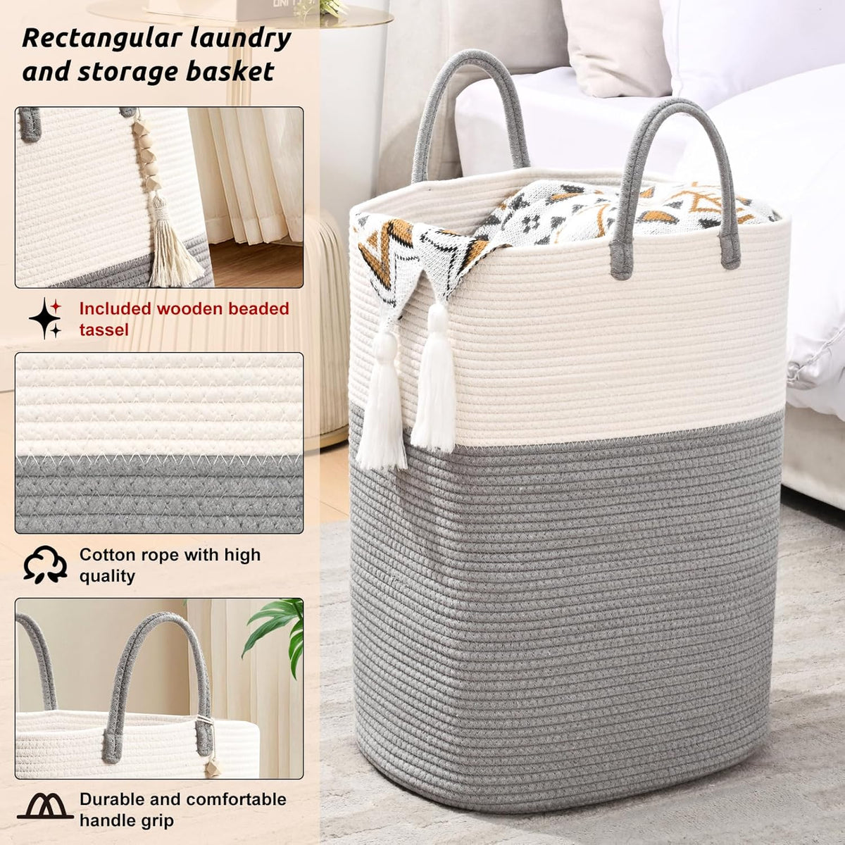 Woven Laundry Basket for Clothes, 100L Large Rectangle Laundry Hampers with Beads Tassel, Nursery