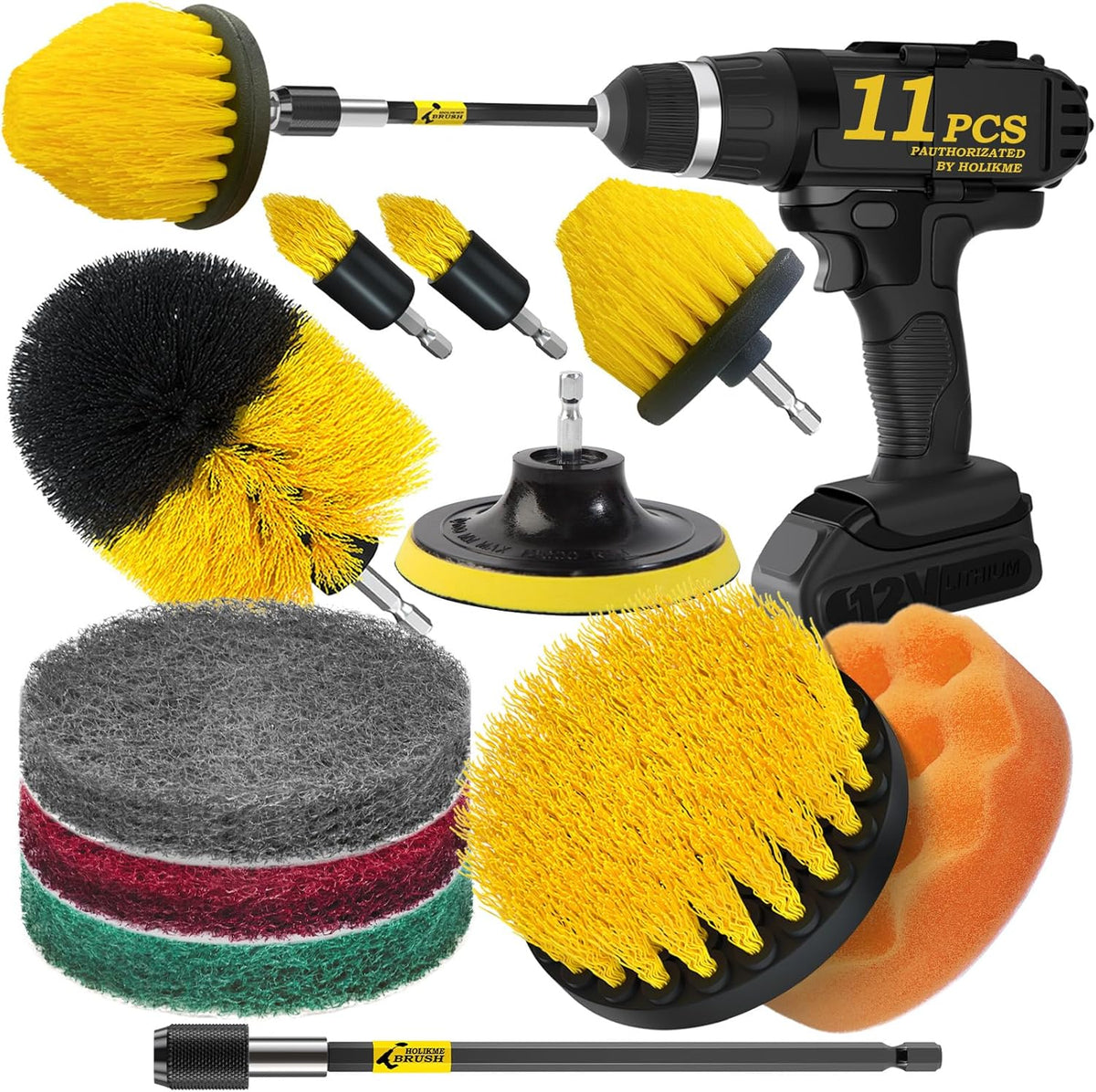 Holikme 11 Piece Drill Brush Attachment Set Scouring Pads Power Scrubber Brush Scrub Pads for