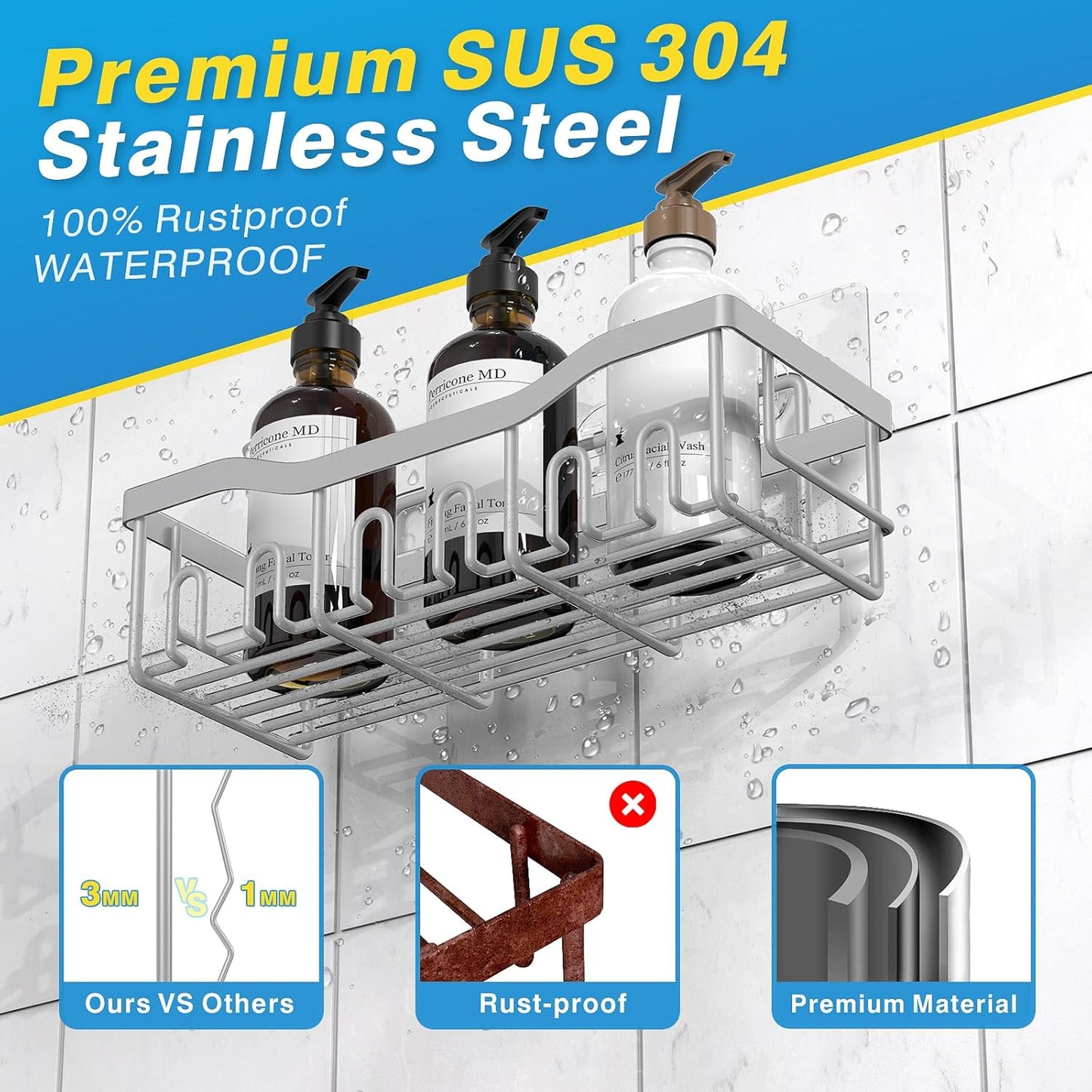 EUDELE 5-Pack Rustproof Stainless Steel Shower Caddy – No Drill Adhesive Bathroom Organizer with