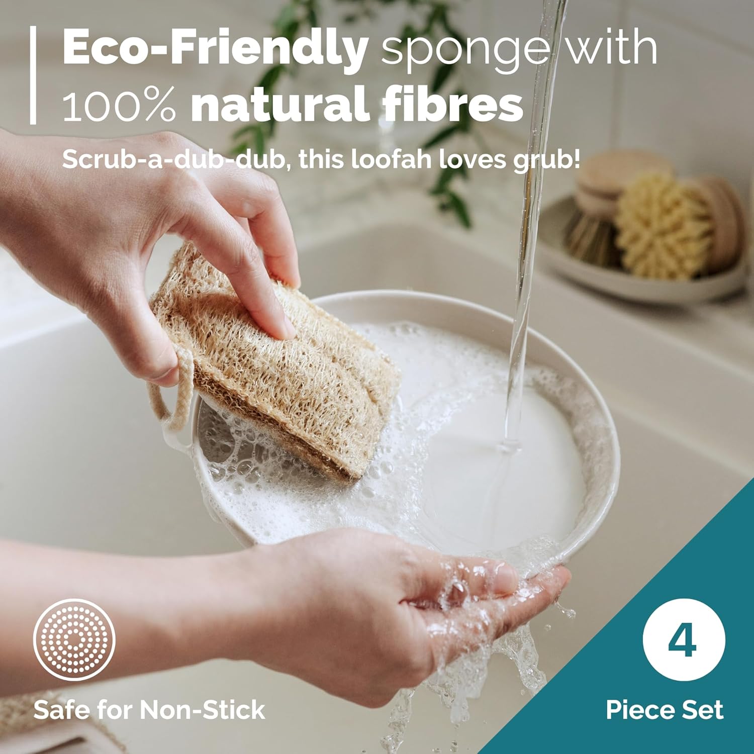 Jungle Culture 4 Piece Bamboo Dish Brush Set for Washing Up • Long Lasting Wooden Dish Brush with 3
