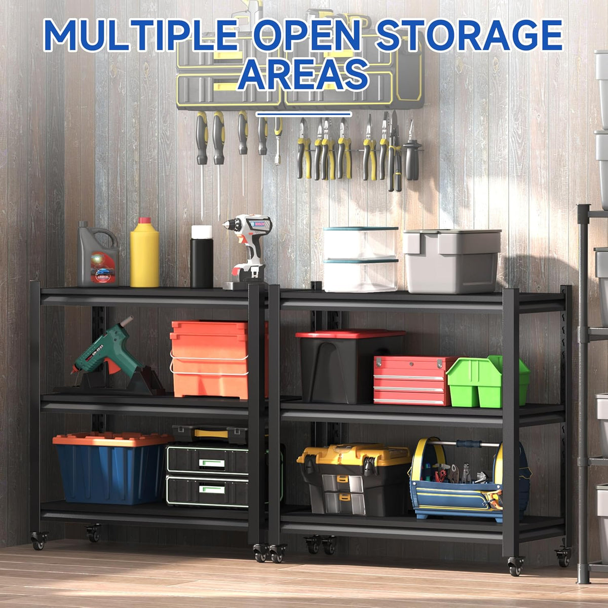 3 Tier Adjustable Garage Storage Shelving,Heavy Duty Utility Rack Shelf Unit on 4 Wheel