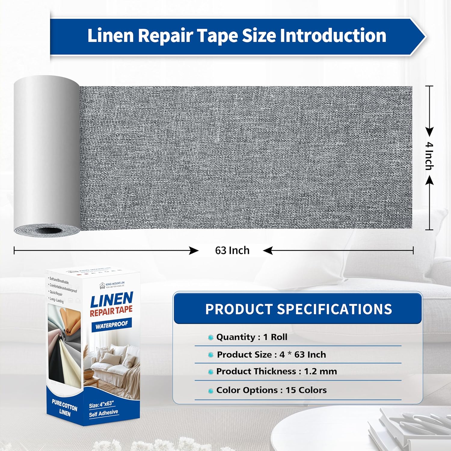 KING MOUNTAIN Linen Repair Patches, Self-Adhesive Fabric Patches, 4 X 63 inch Extra Size, Multi