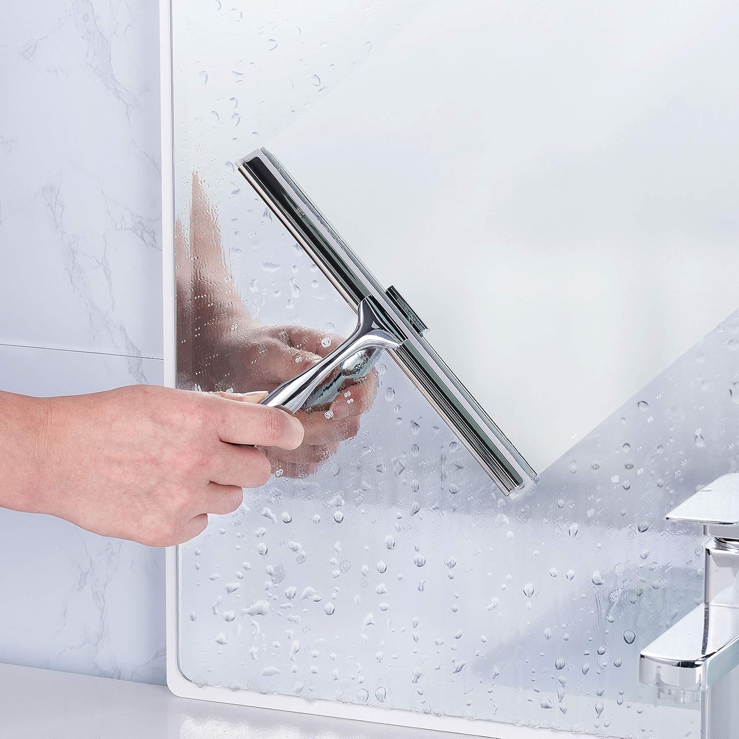 Ettori Shower Squeegee Clear Glass Wall Cleaner Stainless Steel with Suction Storage Hook -10''