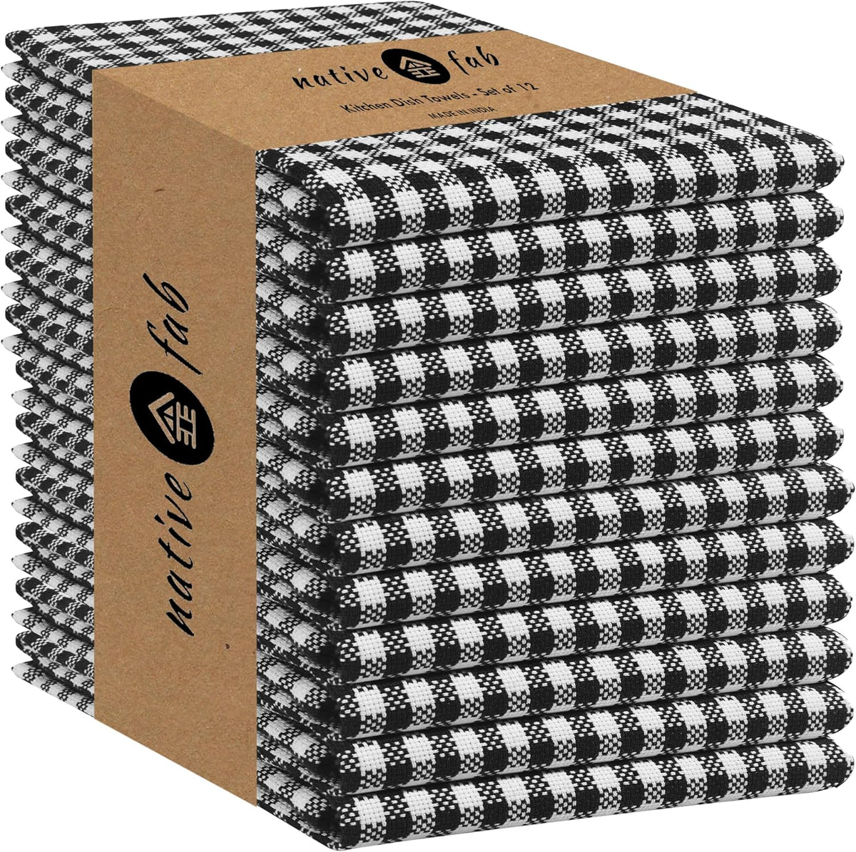 Native Fab Black Gingham Dish Towels 16"x26" Set of 12 - Cotton Mini Check Plaid Towels, Soft