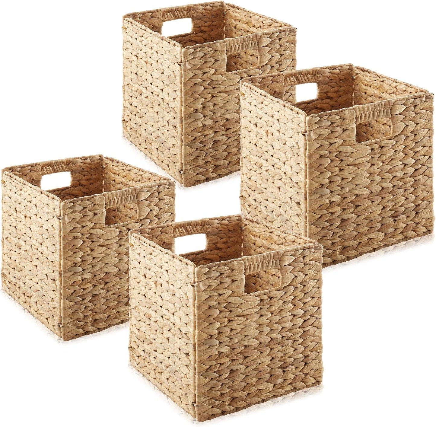 Casafield 10.5" x 10.5" Water Hyacinth Storage Baskets, Natural - Set of 4 Collapsible Cube