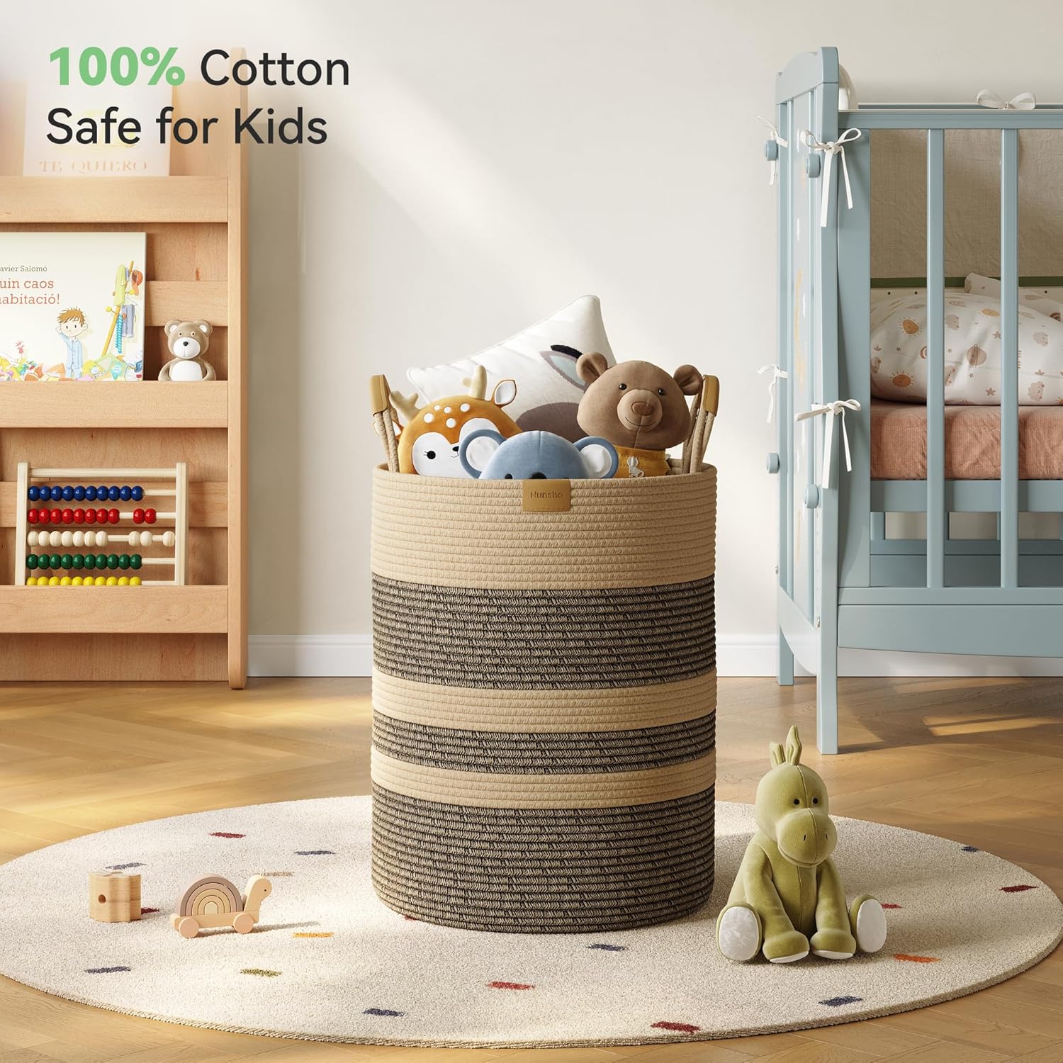 62L Striped Laundry Hamper with Leather Handles,Large Foldable Laundry Basket for Clothes,Cotton