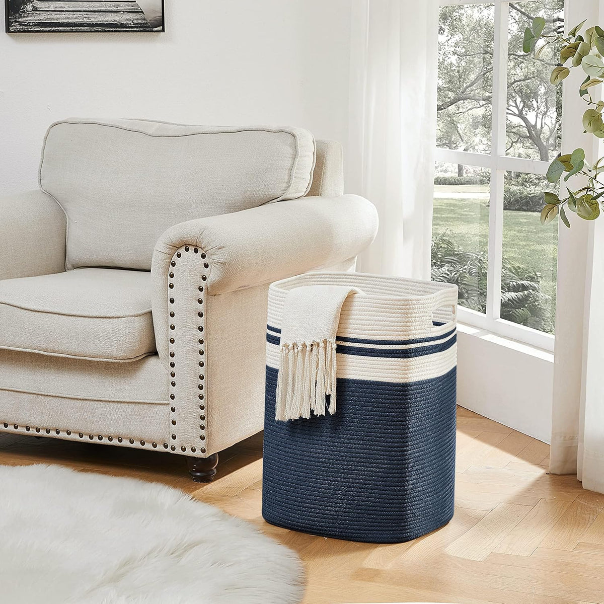 OIAHOMY Laundry Hamper-Laundry Basket,Tall Cotton Storage Basket with Handles,Decorative Blanket