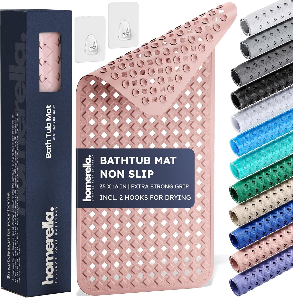 homerella® Bathtub Mat Non Slip 35x16, Incl. Hooks for Drying, Extra Long, 100% BPA Free, Shower