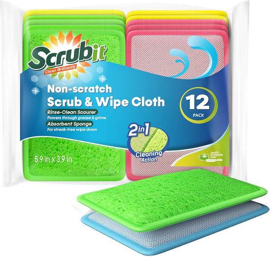 SCRUBIT - [12 Pack] Scrub and Wipe Cleaning Pads – Dual Sided Scouring Pad and Dish Sponge