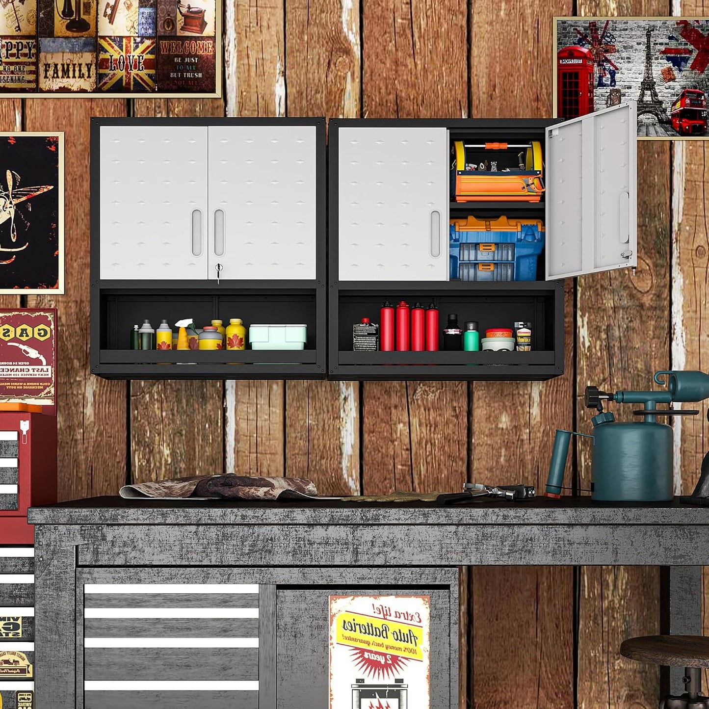 Metal Wall Cabinets with Doors and Shelves Black and Gray Garage Cabinets Wall Mounted Adjustable