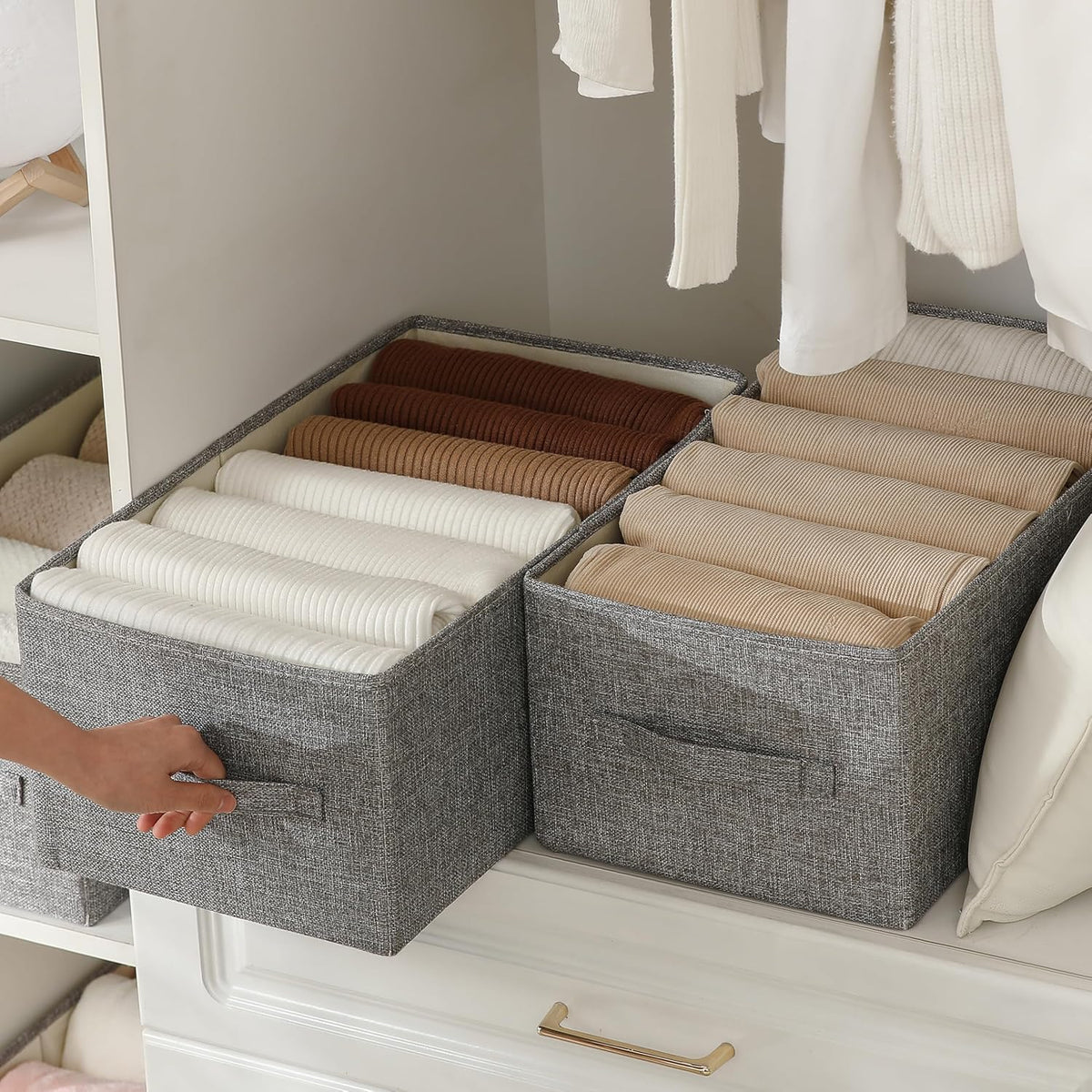 Linen Folding Storage Bins, 3 Pack Large Storage Baskets, Washable, Clothing Storage Bins with