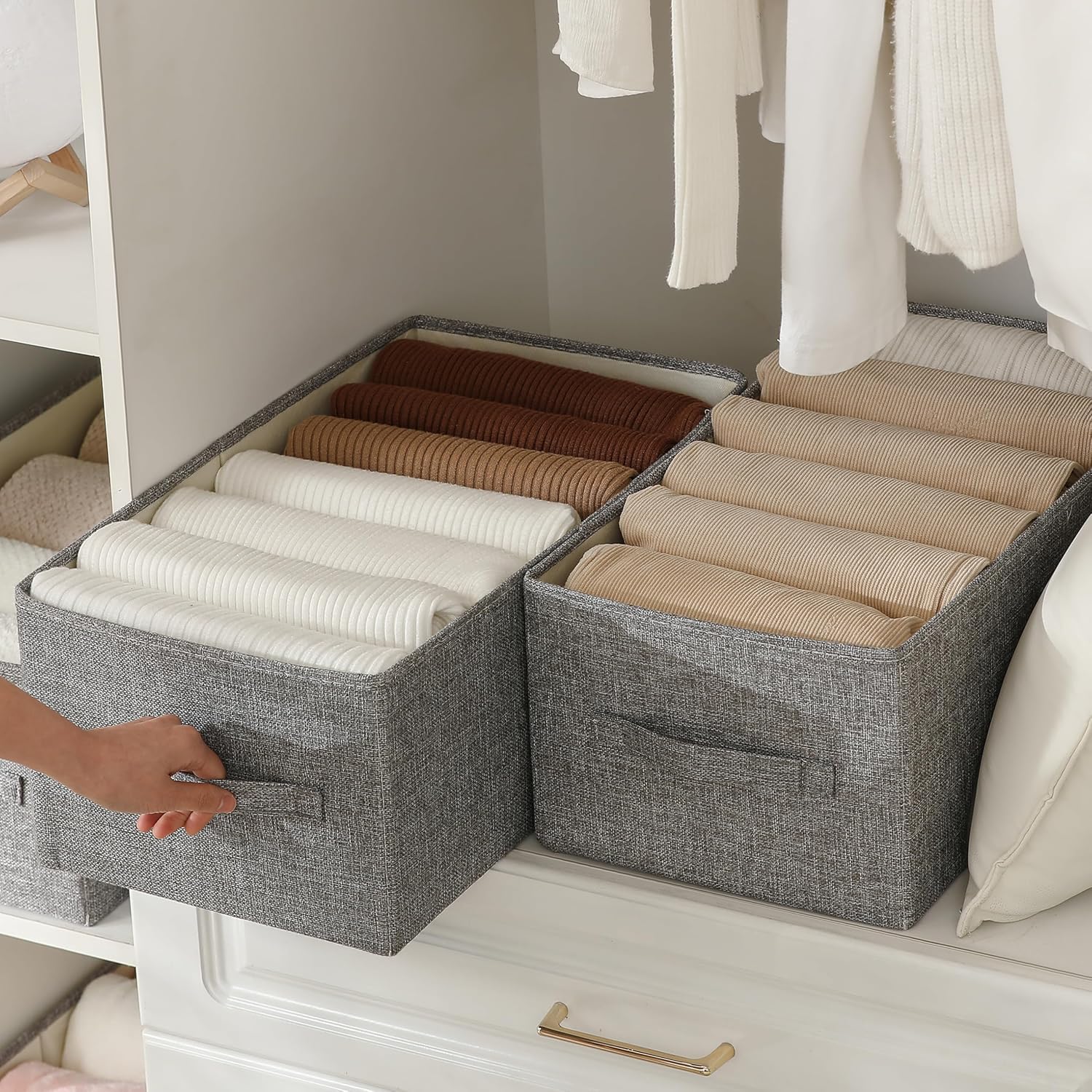 Linen Folding Storage Bins, 3 Pack Large Storage Baskets, Washable, Clothing Storage Bins with