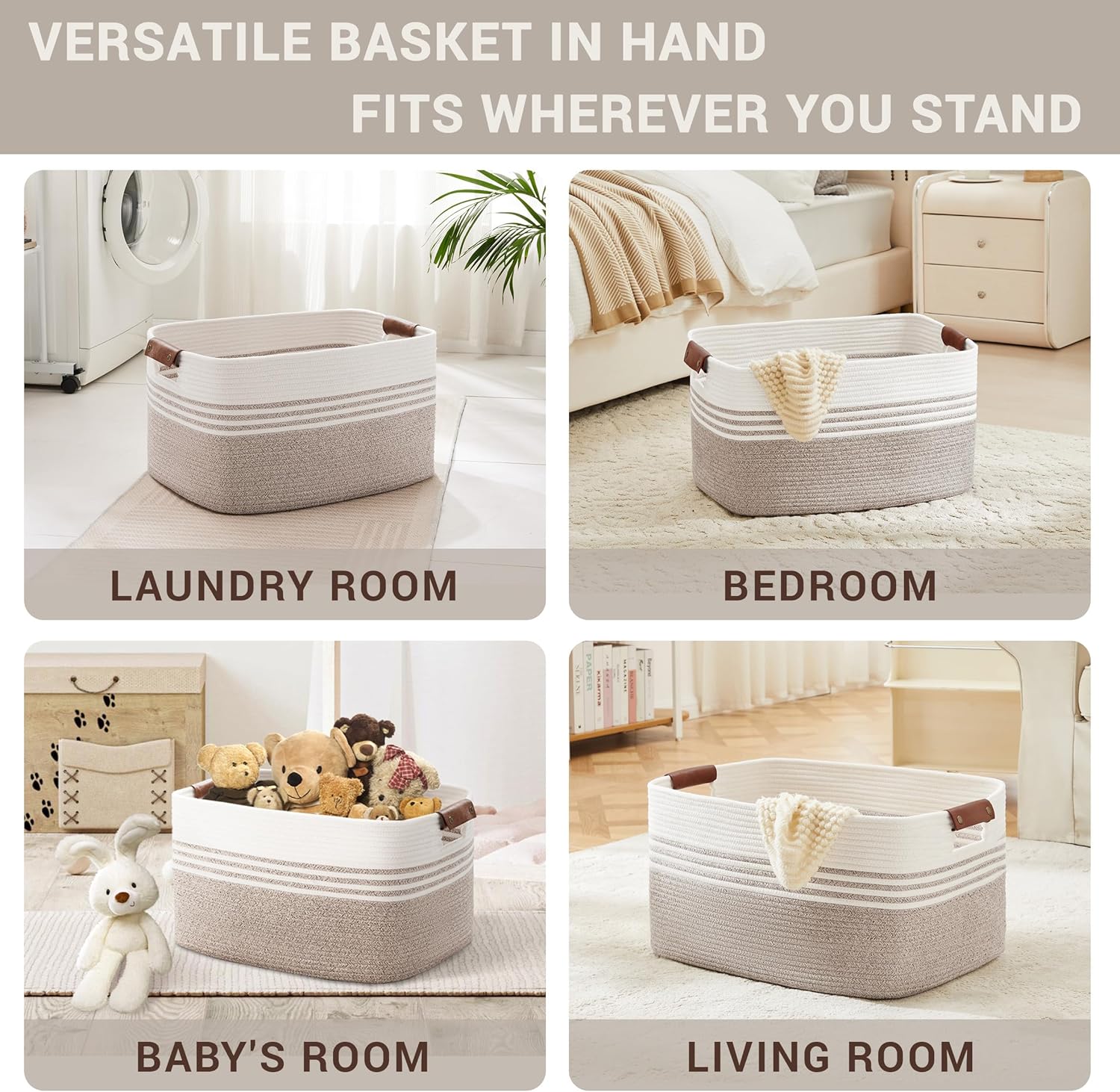 72L Large Laundry Basket with Leather Handles for Living Room Storage, Woven Rope Baskets Bin for
