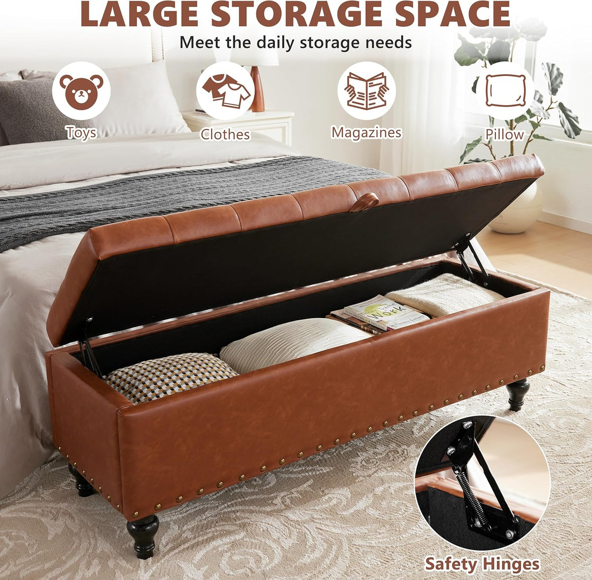 50" Storage Ottoman Bench, Tufted Ottoman with Storage for Living Room, Large End of Bed Ottomans