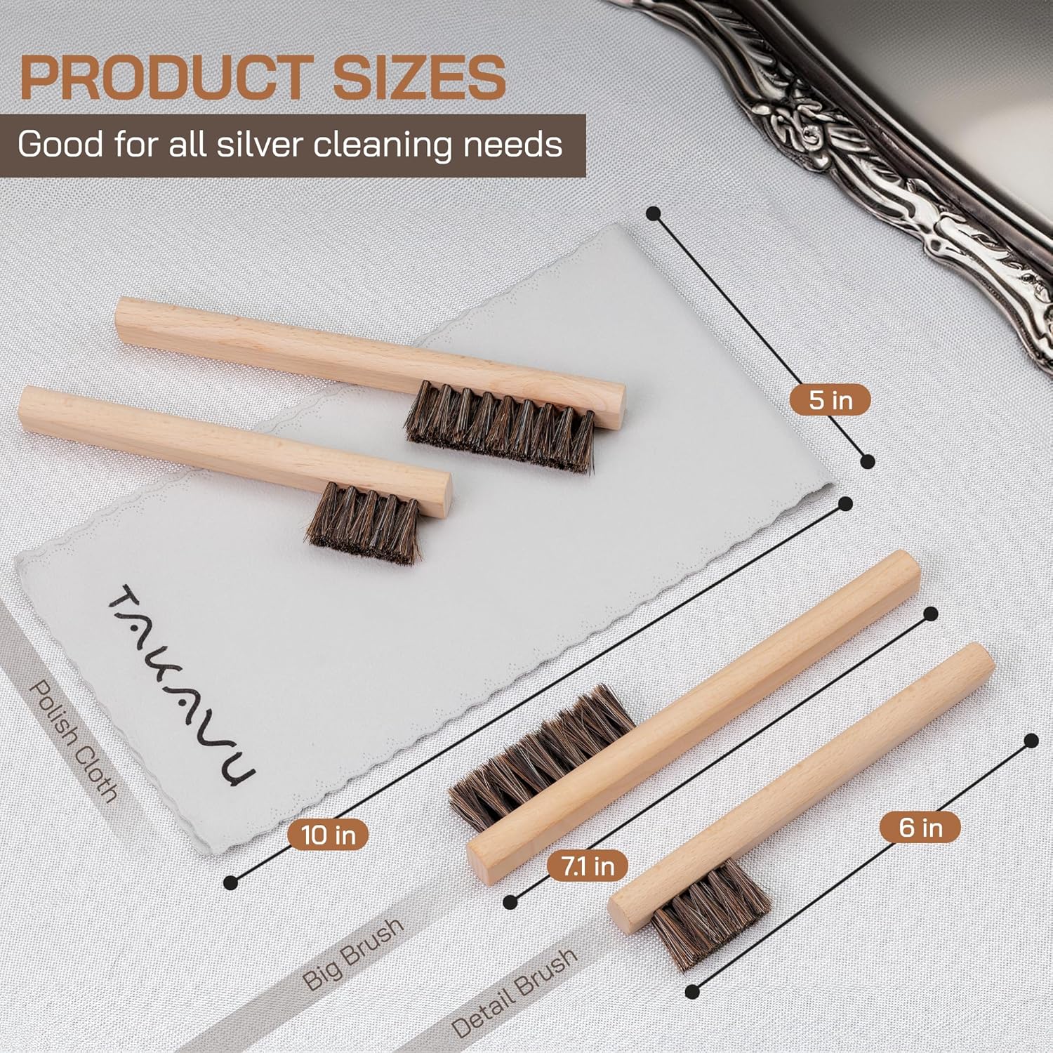 TAKAVU Horsehair Detail Brush Set, Silver Cleaning Brushes & Polish Cloth for Silverware Plateware