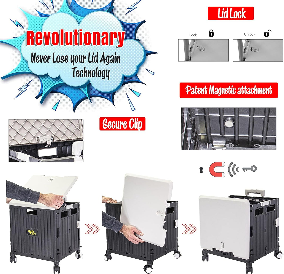dbest products Quik Cart Swing Lid Four Swivel Wheeled Rolling Crate Teacher Utility with seat