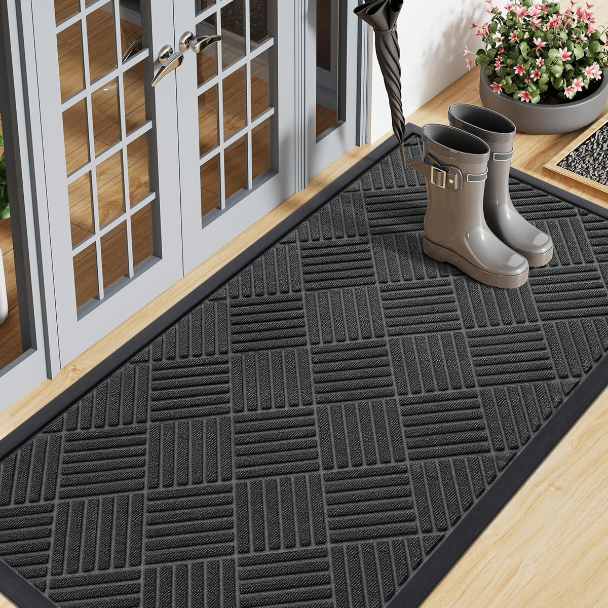 Smiry Front Door Mat Outside Entrance, Heavy Duty Outdoor Indoor Natural Rubber Doormat, Non Slip