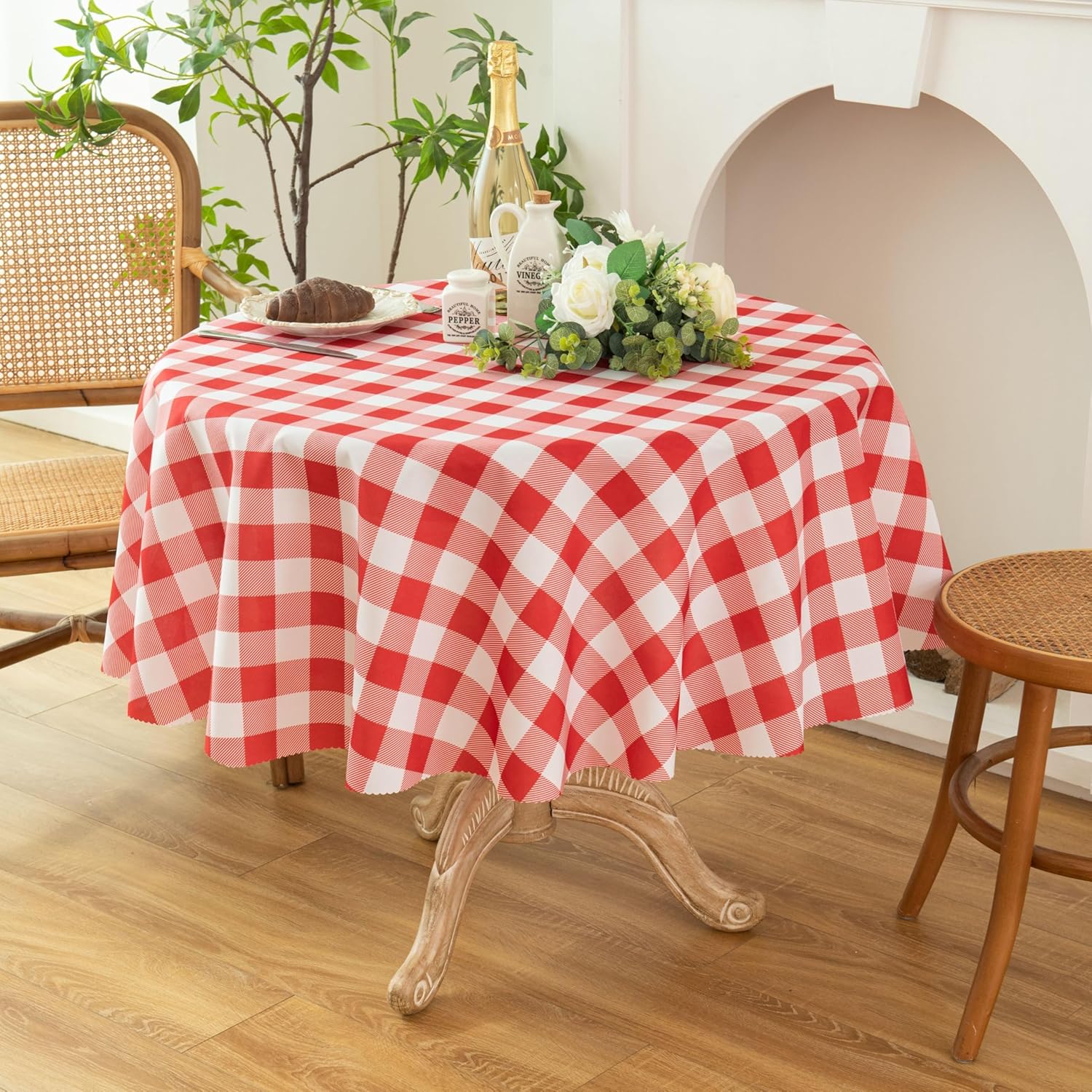 Waterproof Plaid Tablecloth Fabric - Round 58 Inch Classic Gingham Checker Table Cloth for