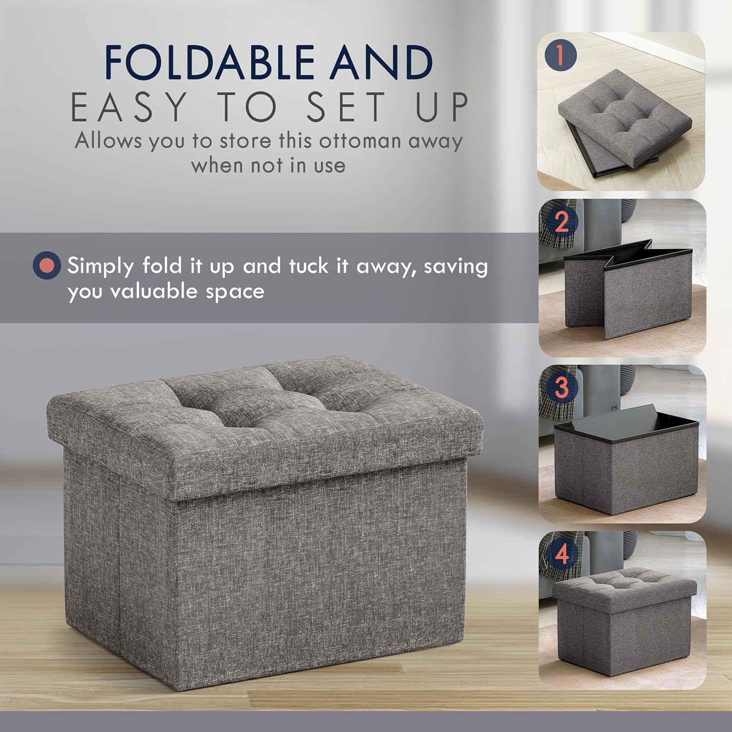 Ornavo Home Small Storage Ottoman Foldable Collapsible Rectangle Linen Ottoman Foot Rest Stool