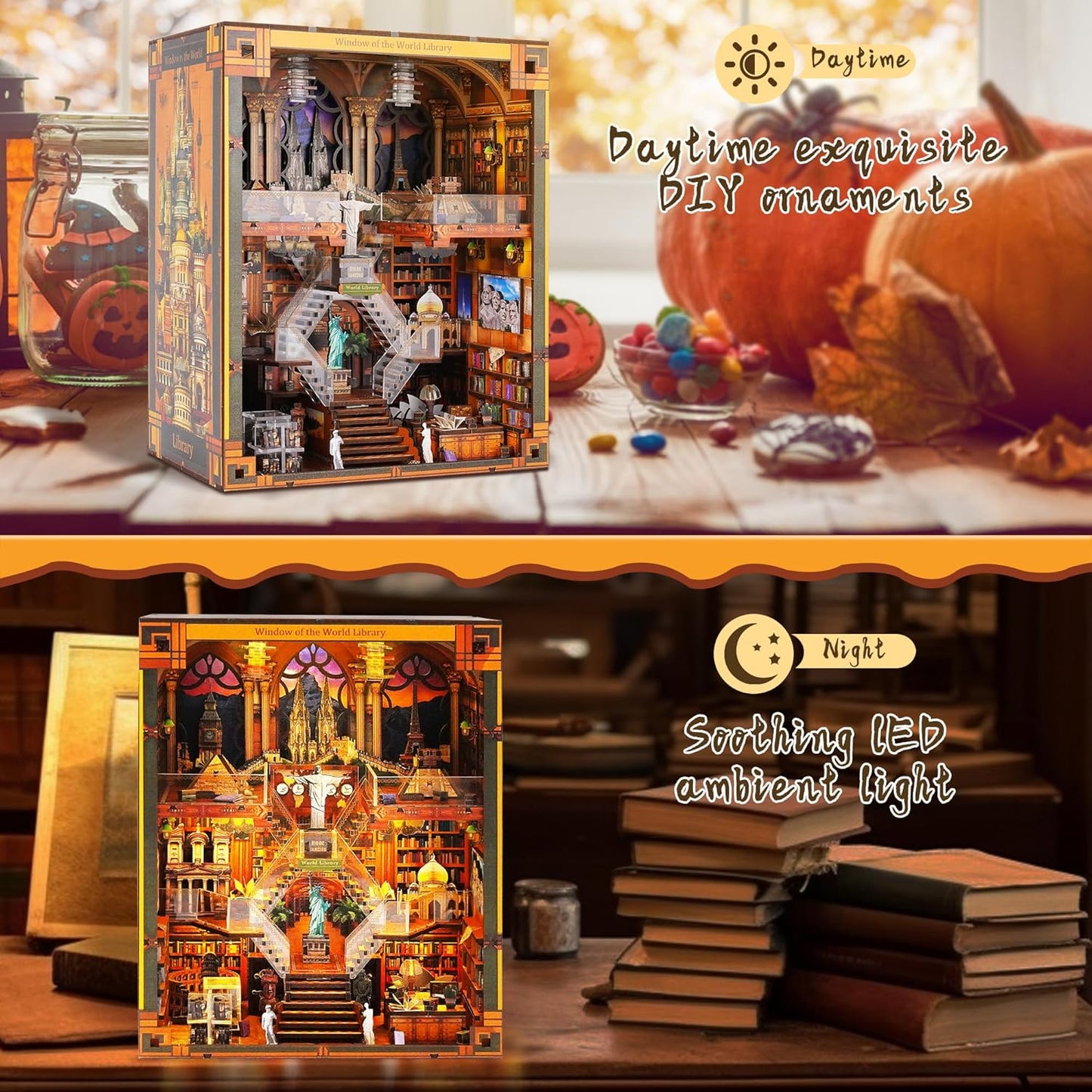 Book Nook Kits for Adults – The World Library Booknook – 3D Wooden Puzzle with LED Lights