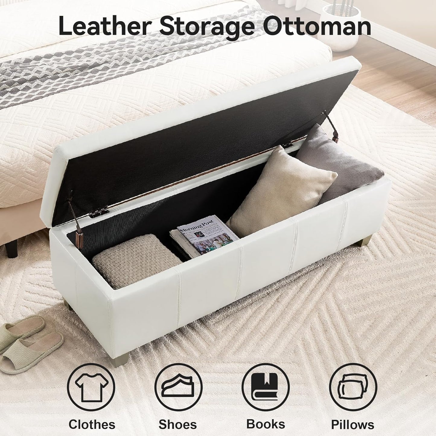 41" Faux Leather Storage Ottoman, Stitch Tufted Rectangle Upholstered End of Bed Storage Bench