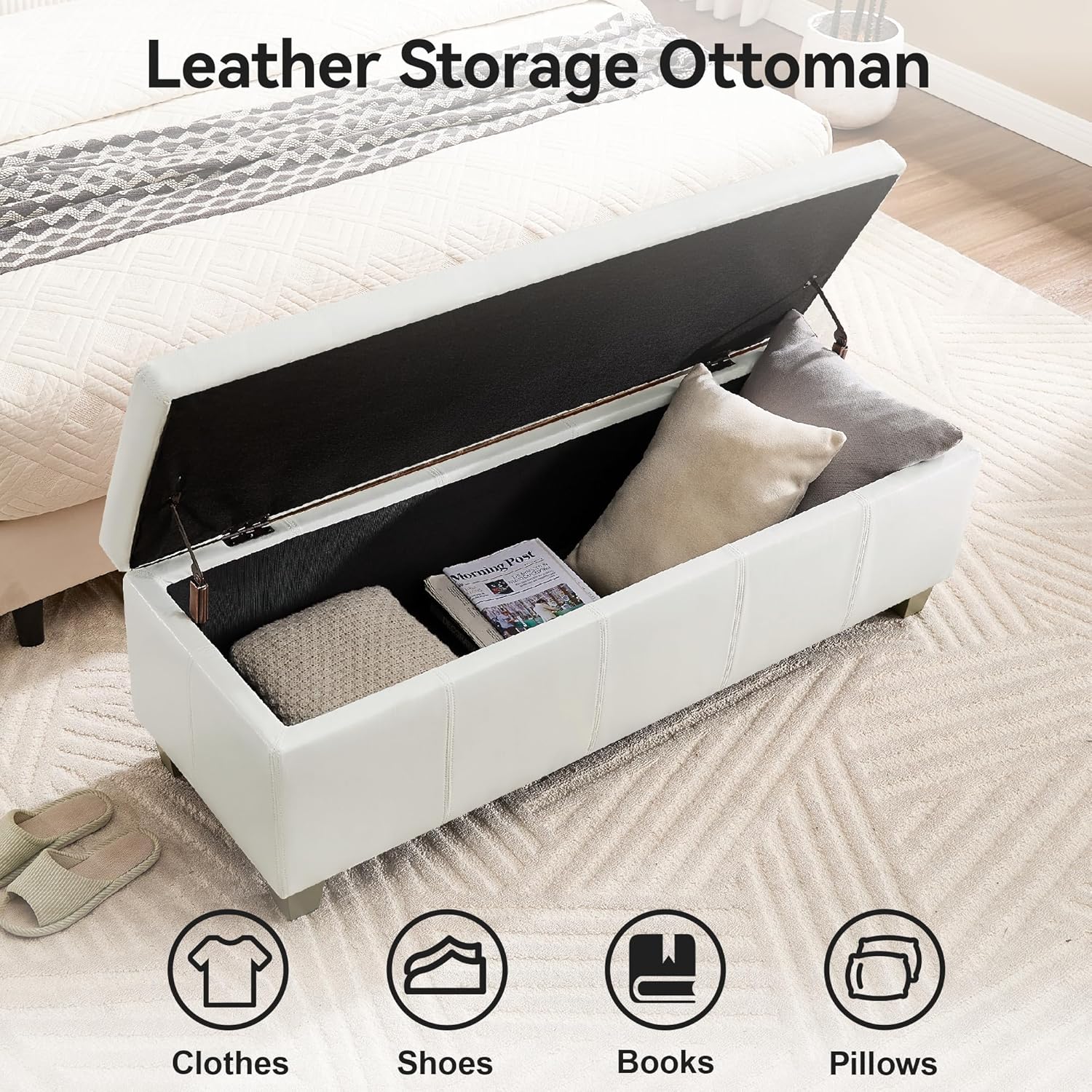 41" Faux Leather Storage Ottoman, Stitch Tufted Rectangle Upholstered End of Bed Storage Bench