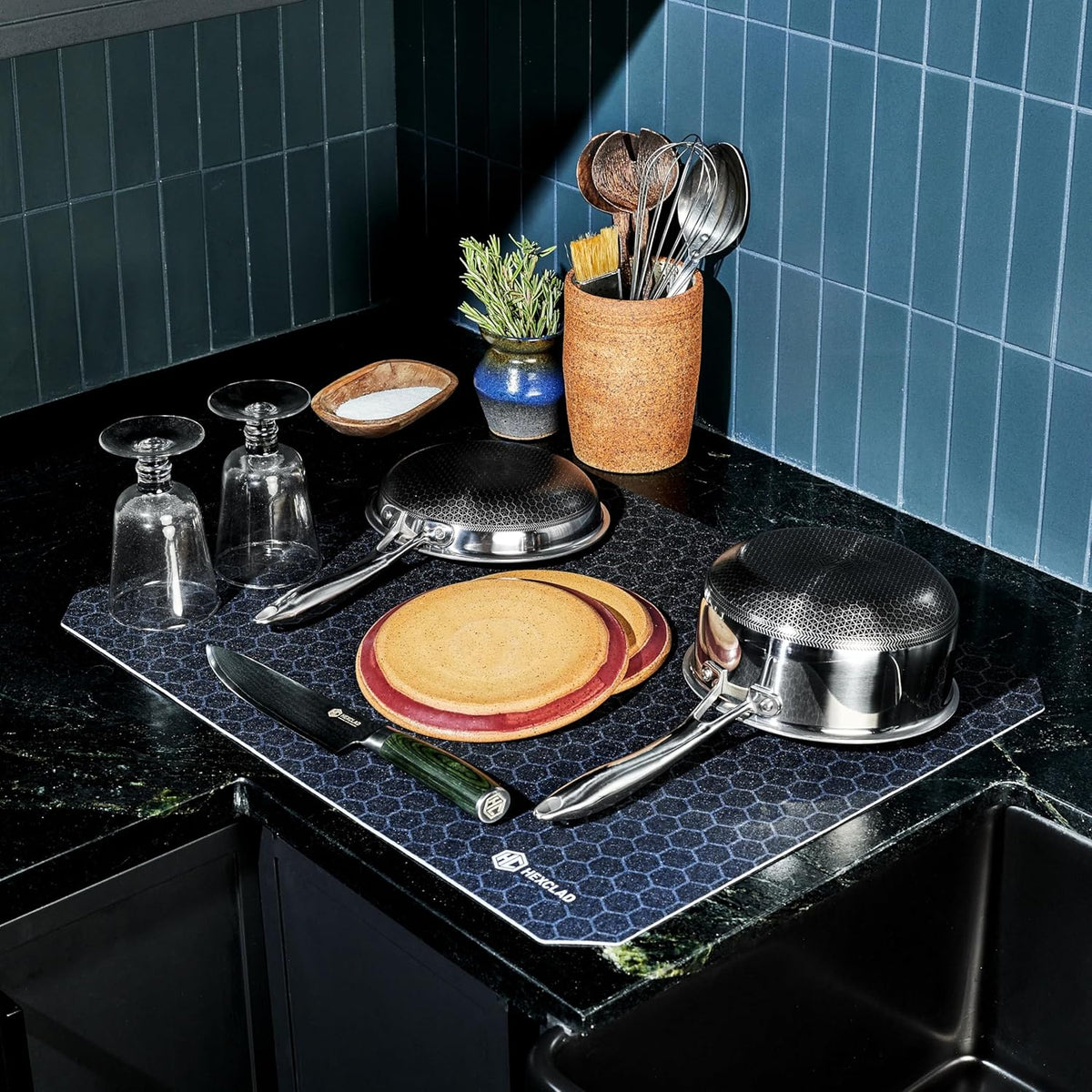 HexClad 2-Piece Dish Drying Mat Set Made of Absorbent Fabric that Holds up to 8oz of Liquid