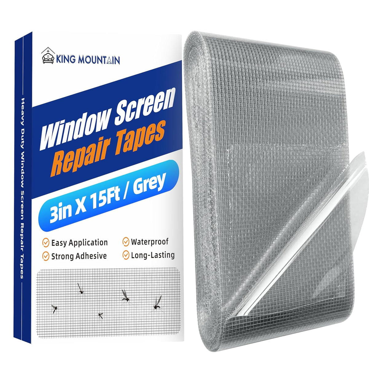 KING MOUNTAIN Grey Window Screen Repair Tape,3inX15FT Heavy Duty Screen Repair Kit for Window
