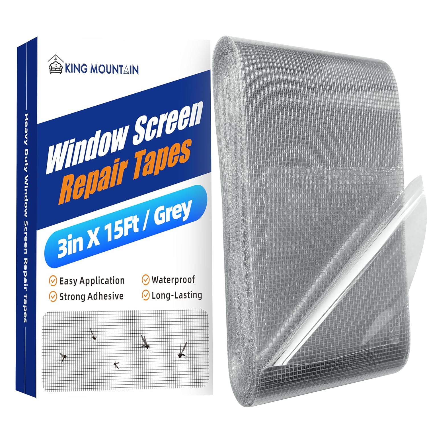 KING MOUNTAIN Grey Window Screen Repair Tape,3inX15FT Heavy Duty Screen Repair Kit for Window