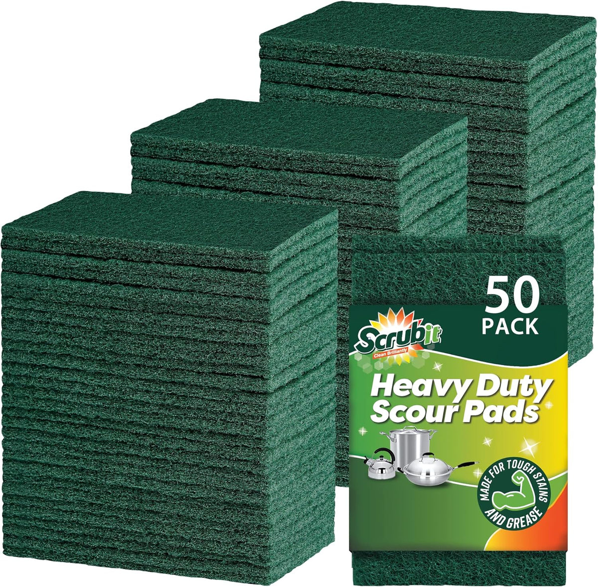 SCRUBIT Scouring Pads - Heavy Duty Scrub Pads for Cleaning Dishes - Non-Scratch - Reusable - Green
