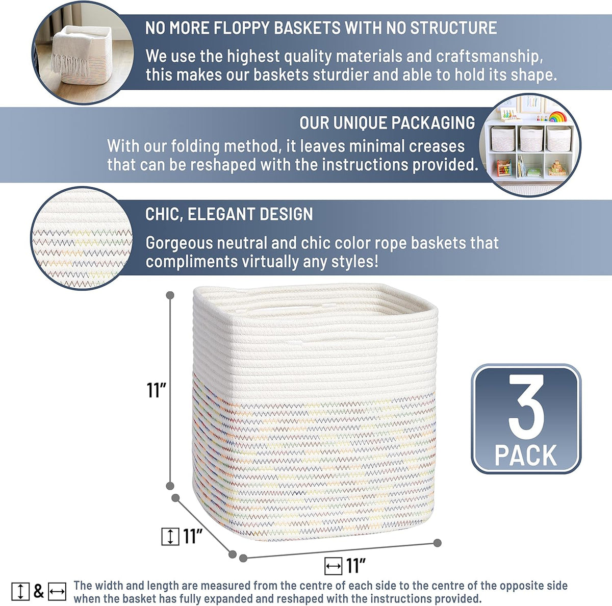 NaturalCozy Storage Cubes 11 Inch Cotton Rope Woven Baskets for Organizing, 3-Pack | Cube Storage