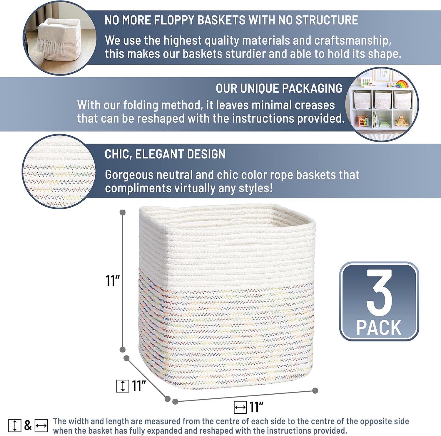 NaturalCozy Storage Cubes 11 Inch Cotton Rope Woven Baskets for Organizing, 3-Pack | Cube Storage