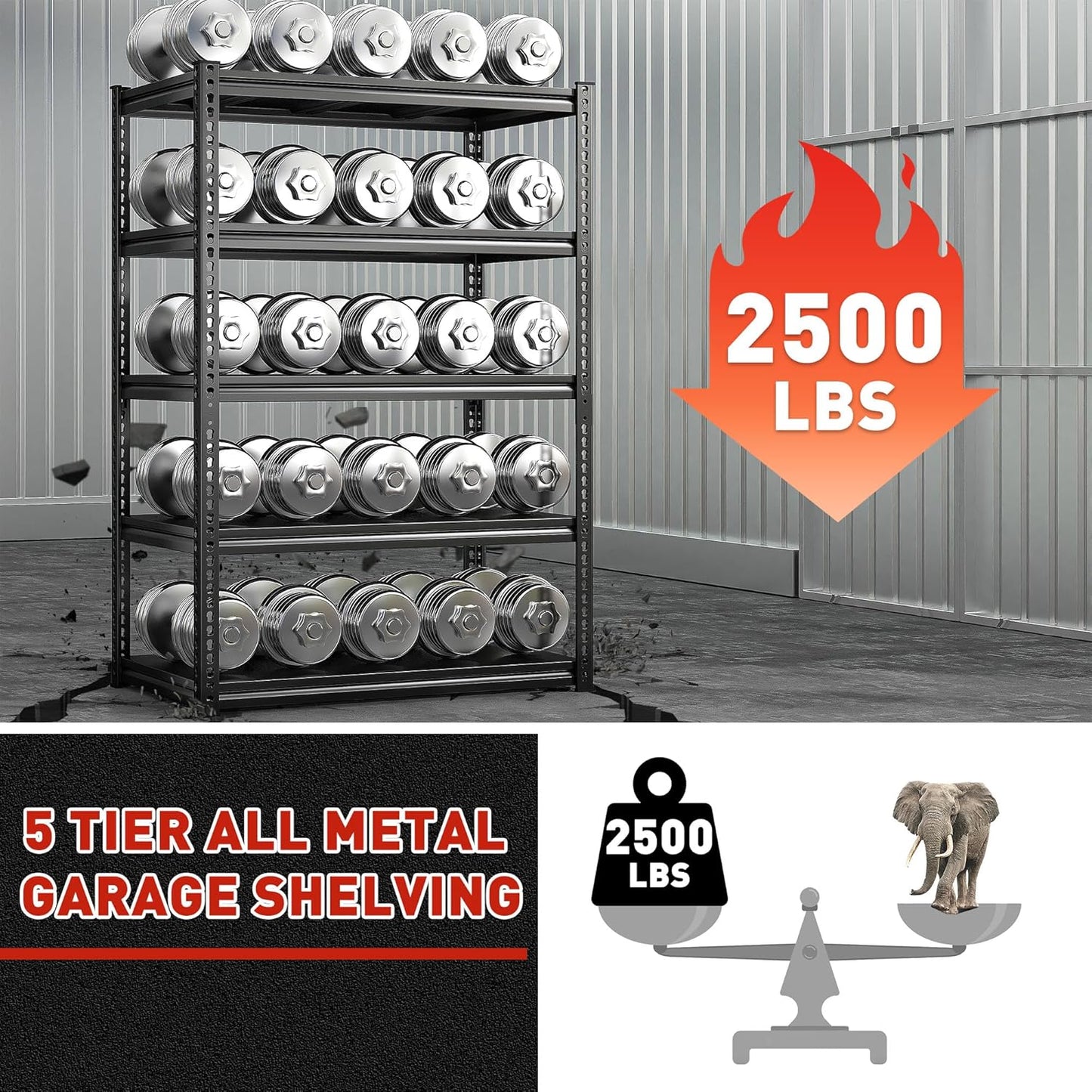 REIBII 72" H Garage Shelving Load 2500 LBS, Heavy Duty Storage Shelves, 5-Tier Adjustable Garage