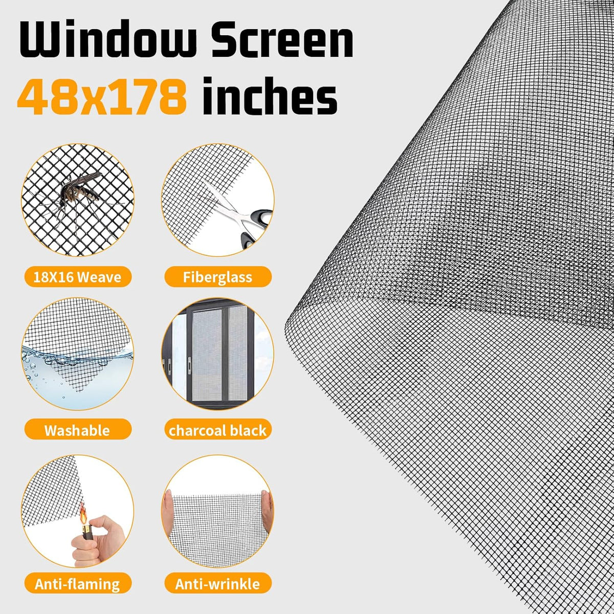 Window Screen Replacement,Screen Door Repair Kit, 48"x178" Black Window Screen Mesh,Including 50 FT