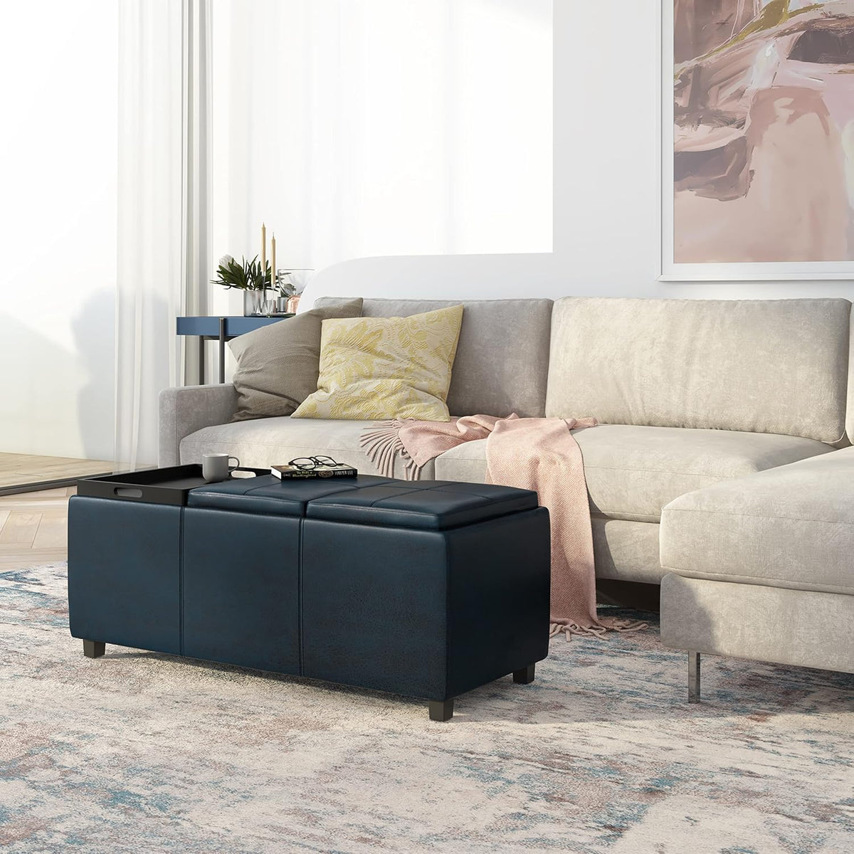 SIMPLIHOME Avalon 42 inch Wide Contemporary Rectangle Storage Ottoman in Distressed Dark Blue Vegan