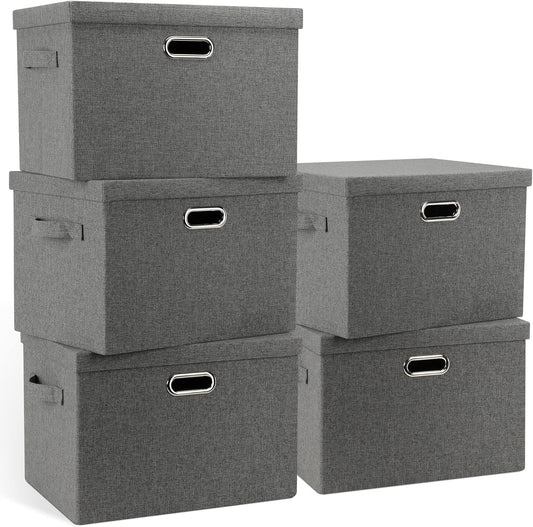 Large 17" 36 Quart Collapsible Stackable Storage Bins with Lids, 5 Packs Gray Foldable Fabric