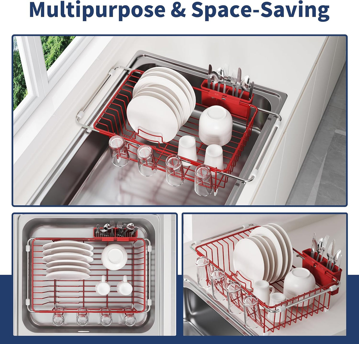 JASIWAY Dish Drying Rack in Sink, Red Dish Dryer Racks Over Sink, Dishes Drainers for Kitchen Sink