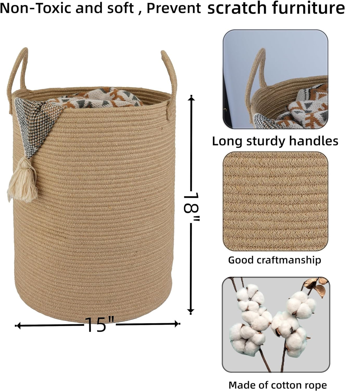 Cotton Rope Laundry Basket Hamper for Clothes Woven Storage Basket for Living Room Bedroom Boho