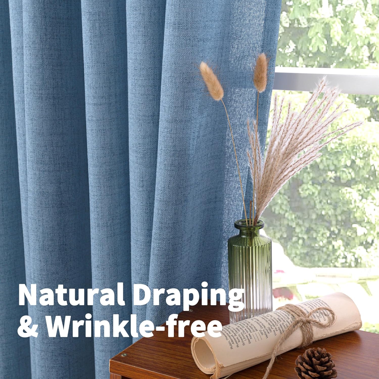 YoungsTex Denim Blue Linen Curtains 40 Inch Length for Bathroom Window, Small Drapes with Rod
