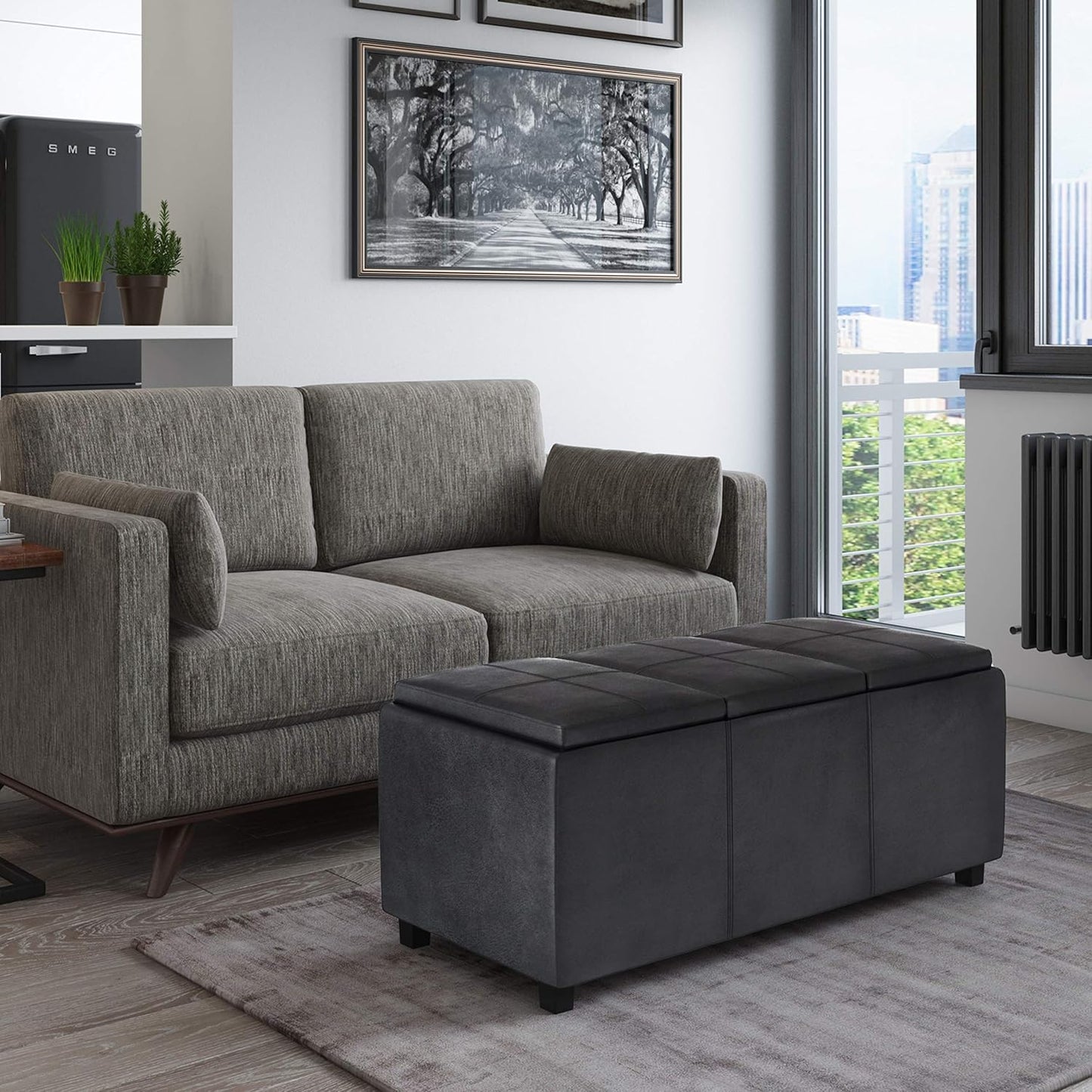 SIMPLIHOME Avalon 42 inch Wide Contemporary Rectangle Storage Ottoman in Distressed Black Vegan