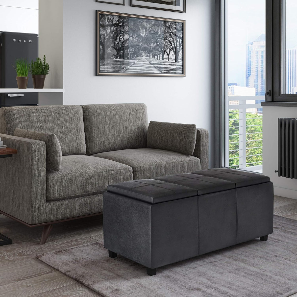 SIMPLIHOME Avalon 42 inch Wide Contemporary Rectangle Storage Ottoman in Distressed Black Vegan