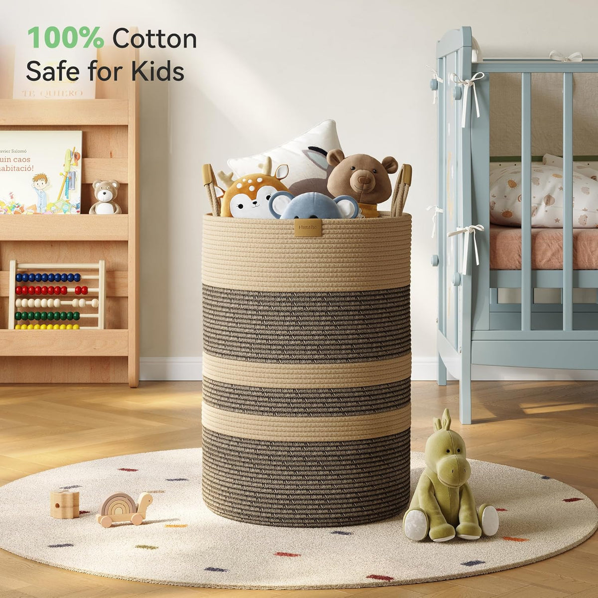 95L Striped Laundry Hamper with Leather Handles,Large Foldable Laundry Basket for Clothes,Cotton