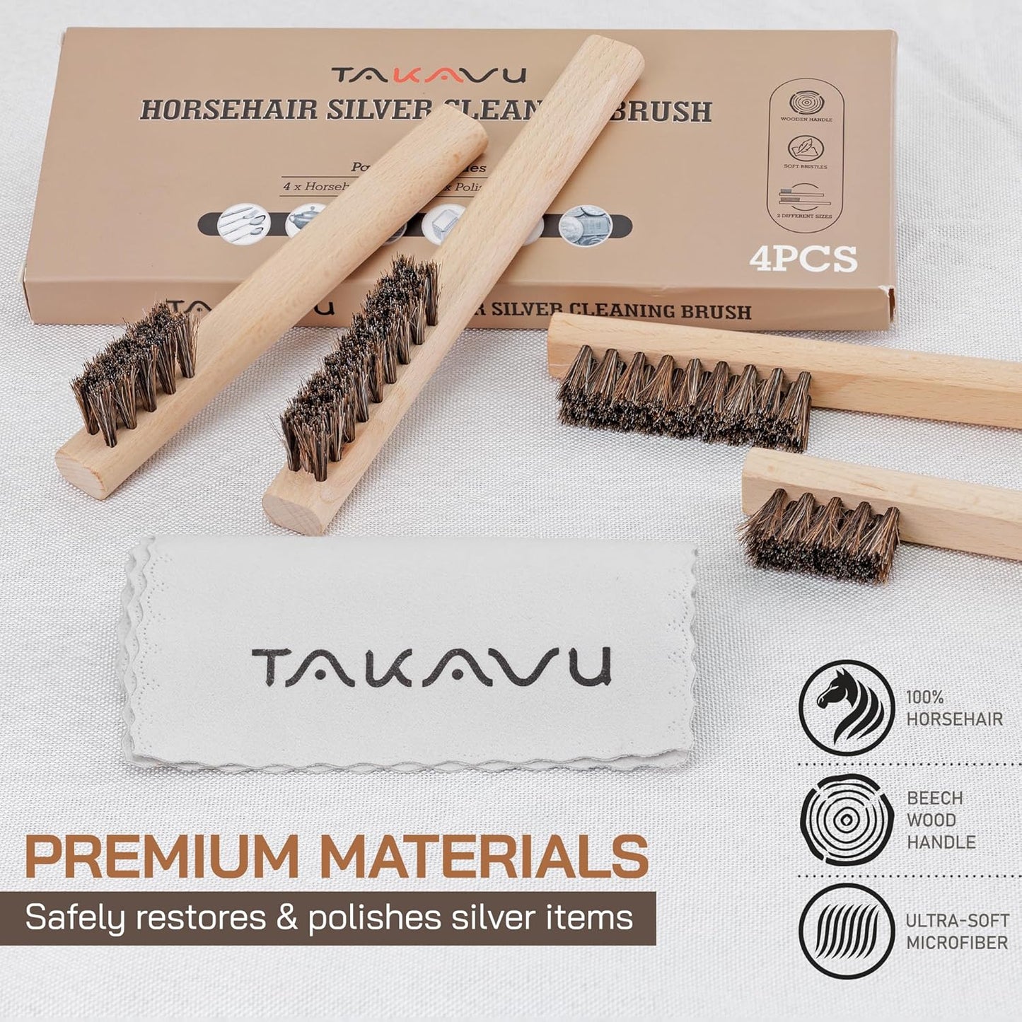 TAKAVU Horsehair Detail Brush Set, Silver Cleaning Brushes & Polish Cloth for Silverware Plateware