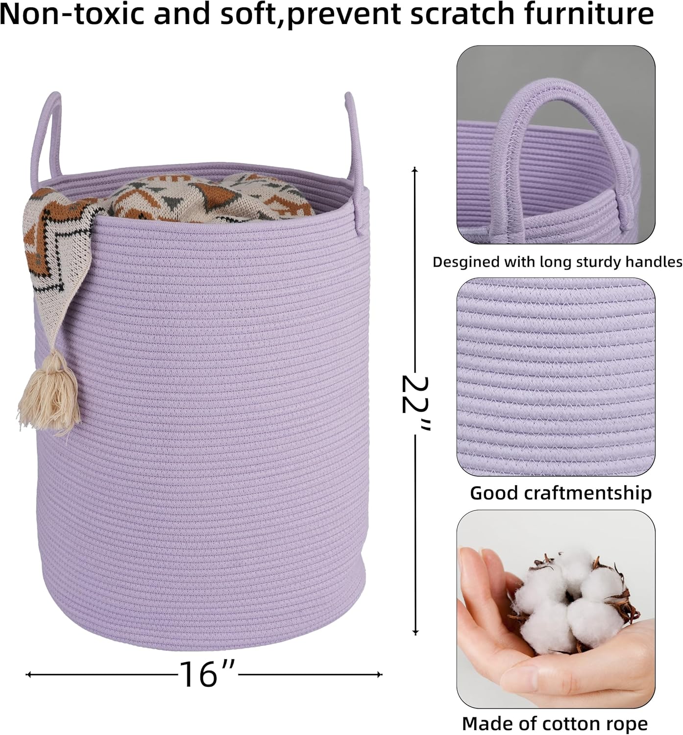 Cotton Rope Laundry Basket Hamper for Clothes Woven Storage Basket for Living Room Bedroom Boho