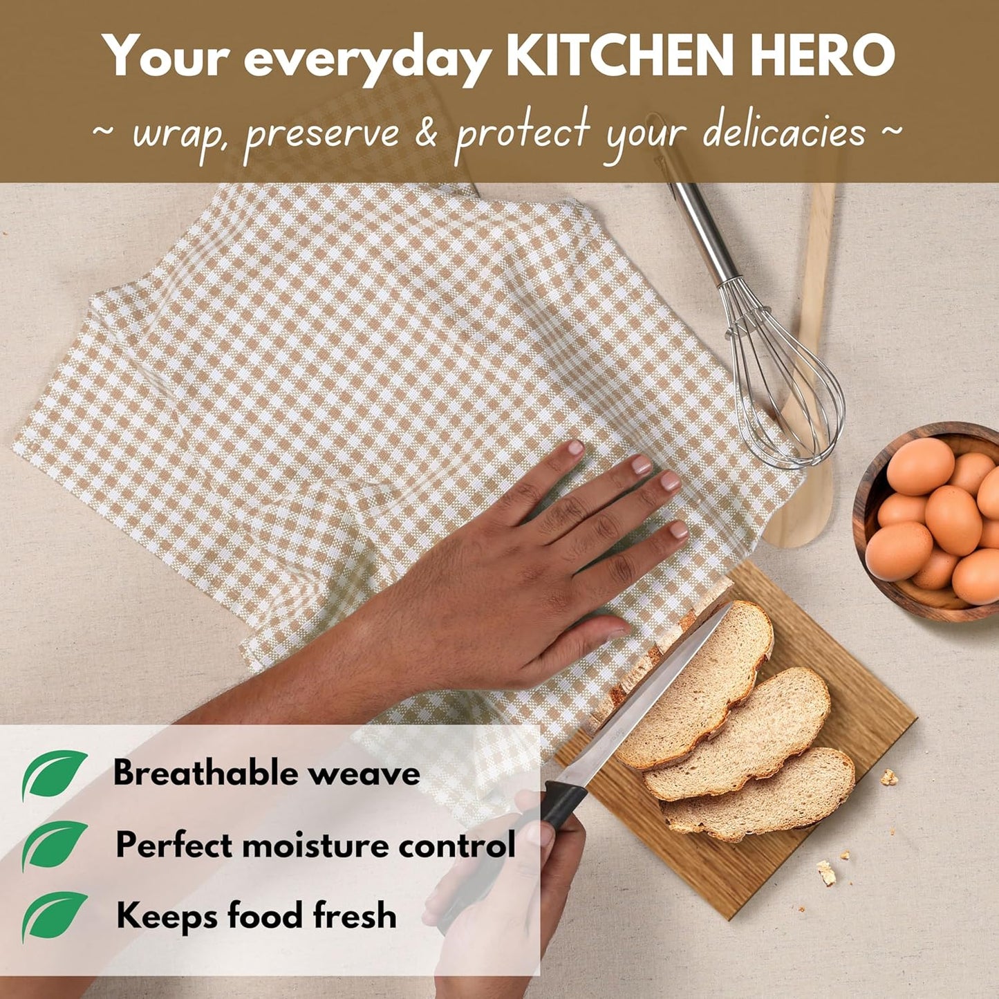 Native Fab Beige Gingham Kitchen Dish Towels 4 Pack 16"x26" - 100% Cotton Absorbent Plaid Tea