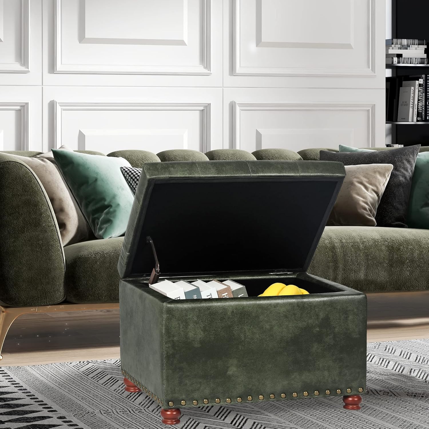 24'' Leather Ottoman with Storage Rectangle Foot Rest Ottomans Stool for Living Room(Green,Leather
