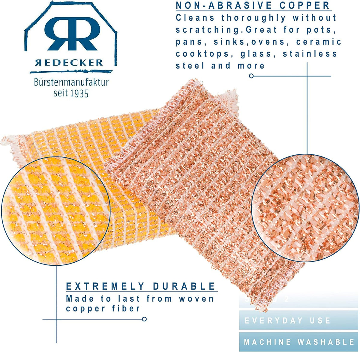 REDECKER Kitchen Woven Copper Sponge, 2-Piece - Abrasive Scrubber, Cleans Stainless Steel