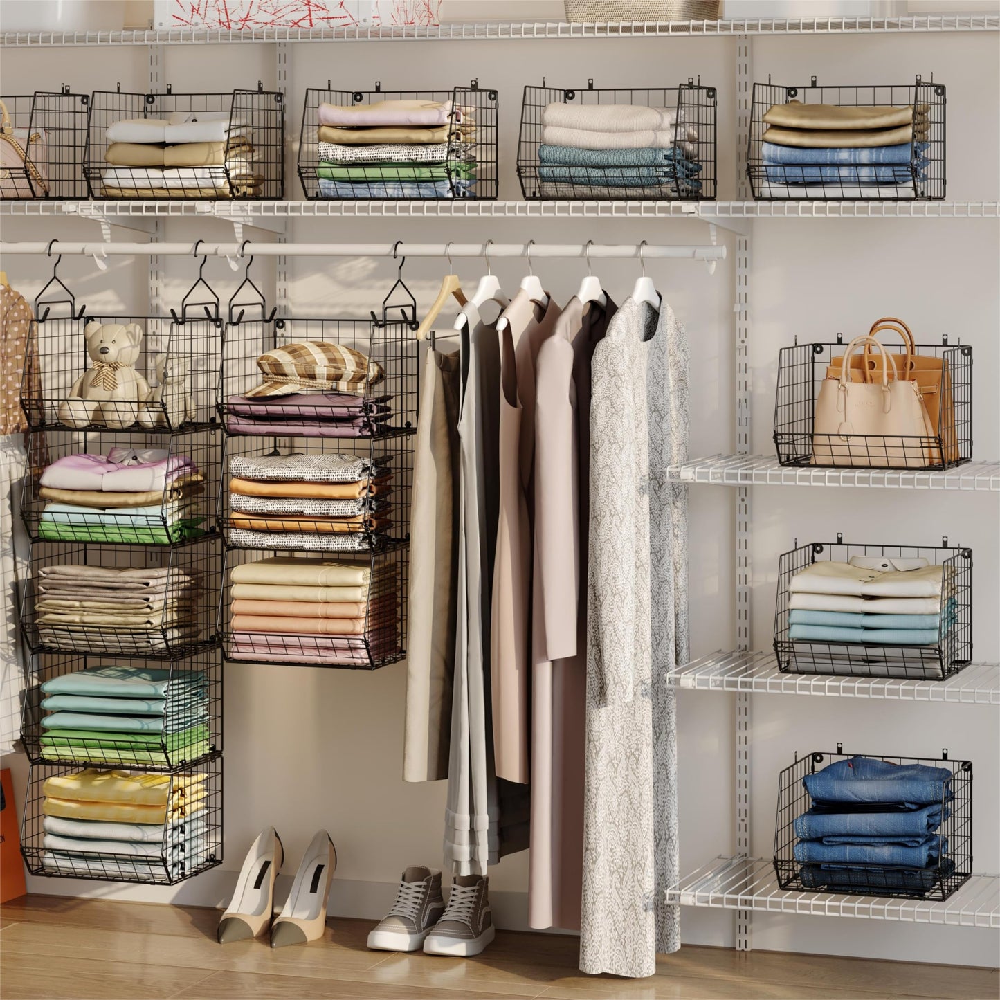 X-cosrack 5 Tier Closet Hanging Organizer, Clothes Hanging Shelves with 4 Hanging Hooks 5 S Hooks